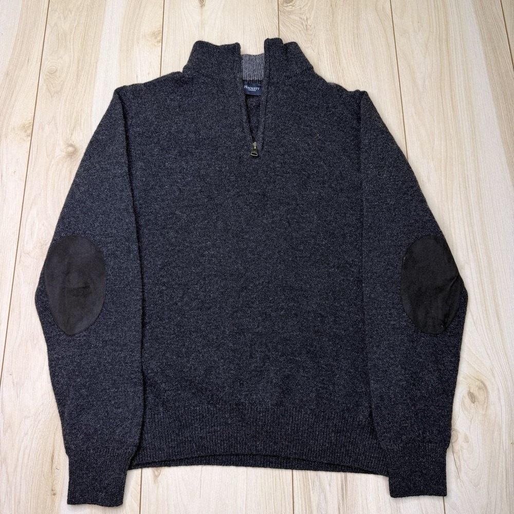 Hackett London Dark Grey 100% Lambswool Half Zip Knitwear Sz L With Elbow Pads